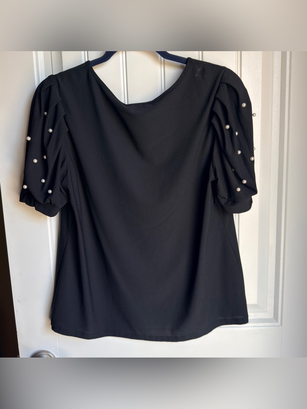 Black Pearl-Embellished Puff Sleeve Blouse